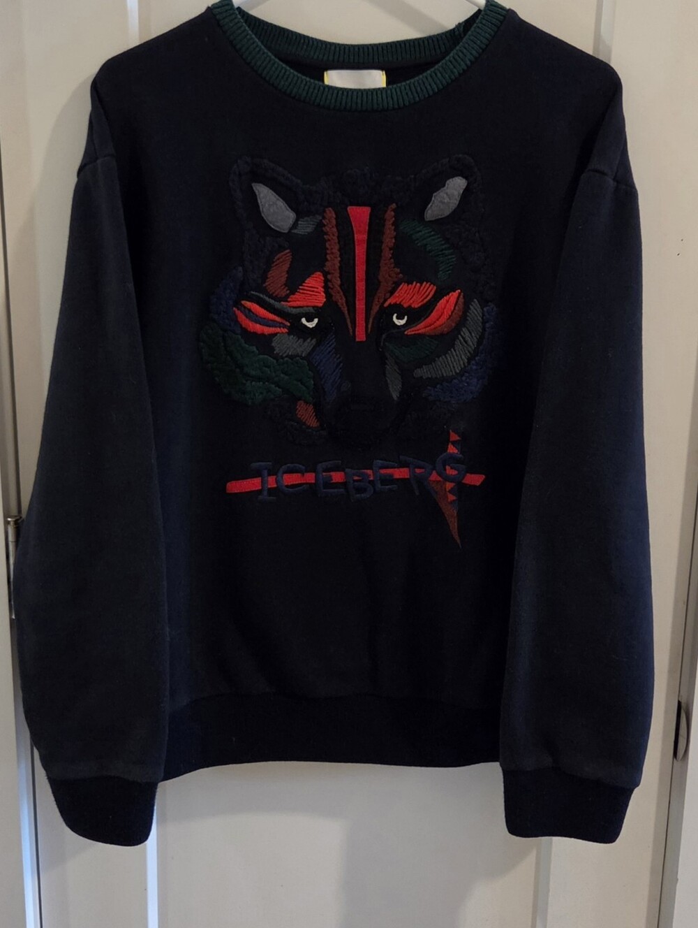 Vintage Iceberg Sequin Multicolored Wolf Crewneck Sweatshirt - Size XL - Navy